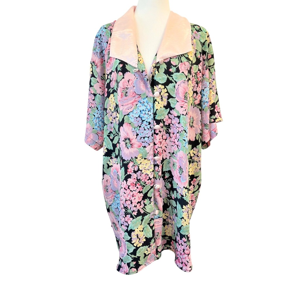 Vintage Victorias Secret Gold Label Floral Nightshirt M/L Pink Black Satin Trim